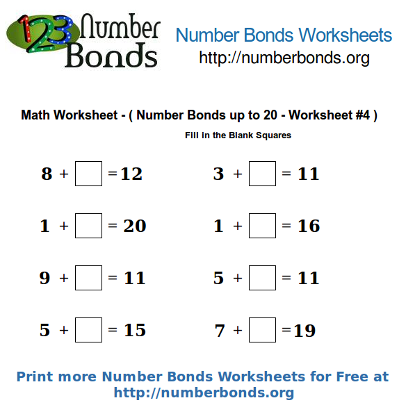 Number Bonds Math Worksheet up to 20 Worksheet #4 | Number Bonds Org