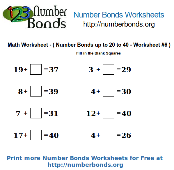 Number Bonds Math Worksheet from 20 to 40 Worksheet #6 ...