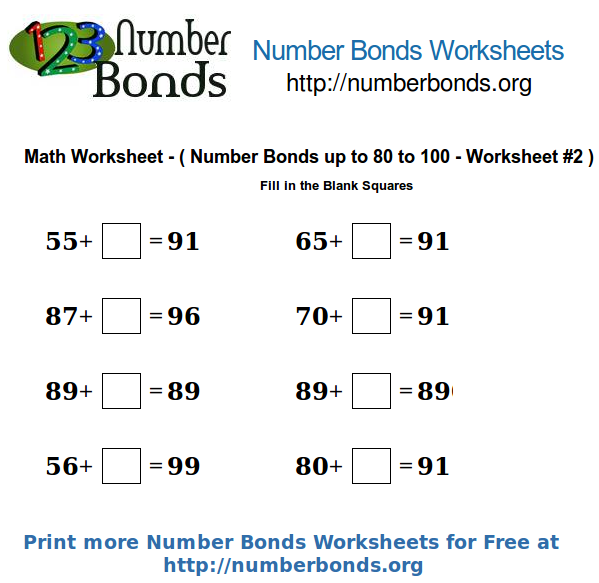 Number Bonds Math Worksheet from 80 to 100 Worksheet #2 ...