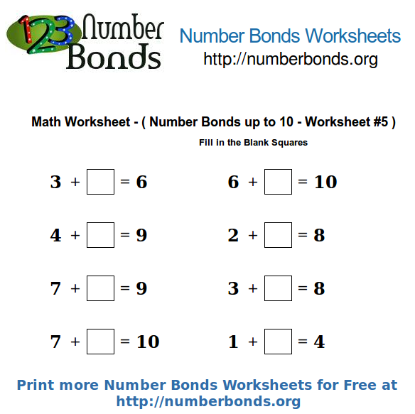 Number Bonds Math Worksheet up to 10 Worksheet #5 | Number Bonds Org