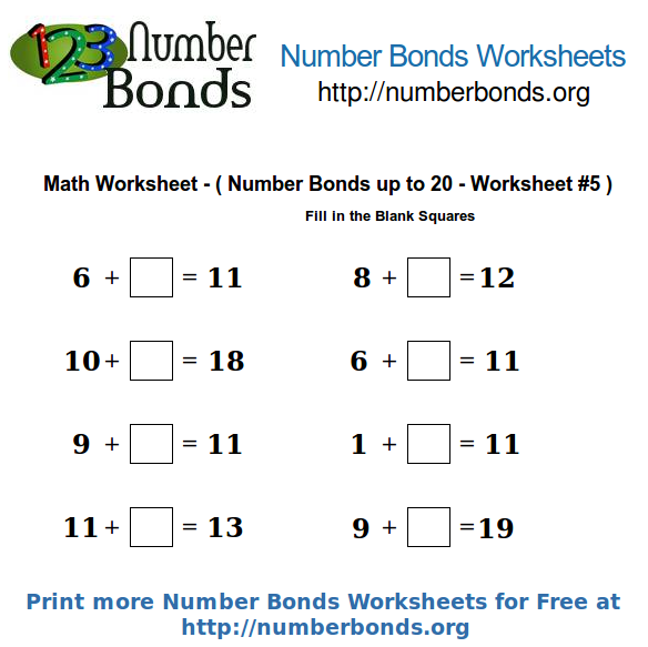 Number Bonds Math Worksheet up to 20 Worksheet #5 | Number Bonds Org